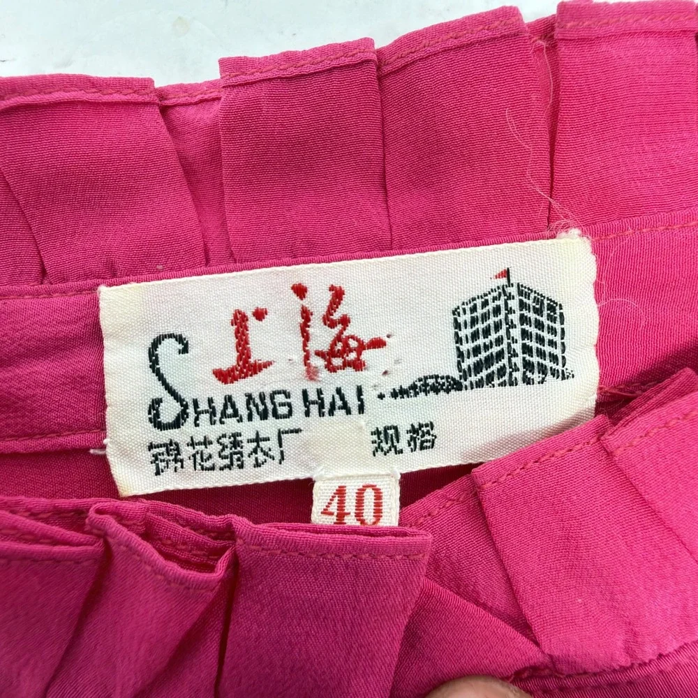 Vintage Shanghai Silk Blouse Ruffle High‎ Neck Pleated Button Front Pink Size 40